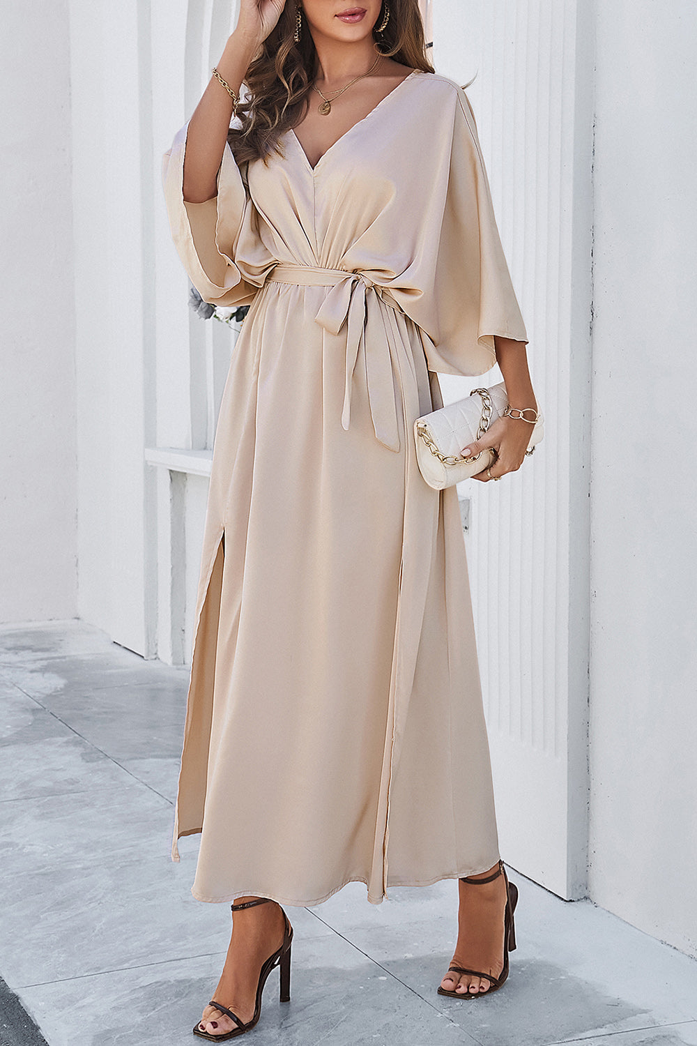 V-Neck Three-Quarter Sleeve Dress with Stylish Side Slit