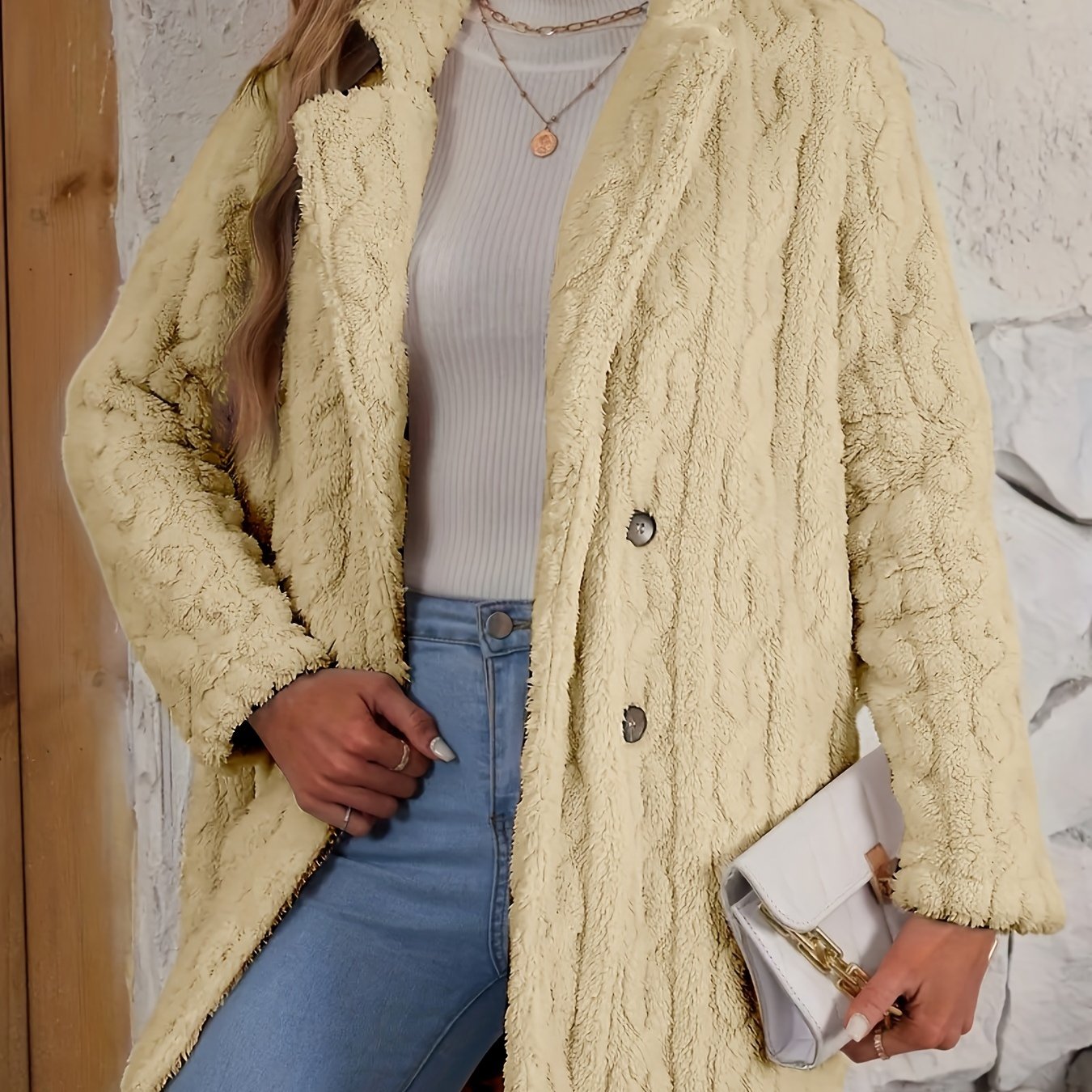 Women’s Double Breasted Lapel Jacket - Stylish, Soft, and Fluffy Bright Yellow