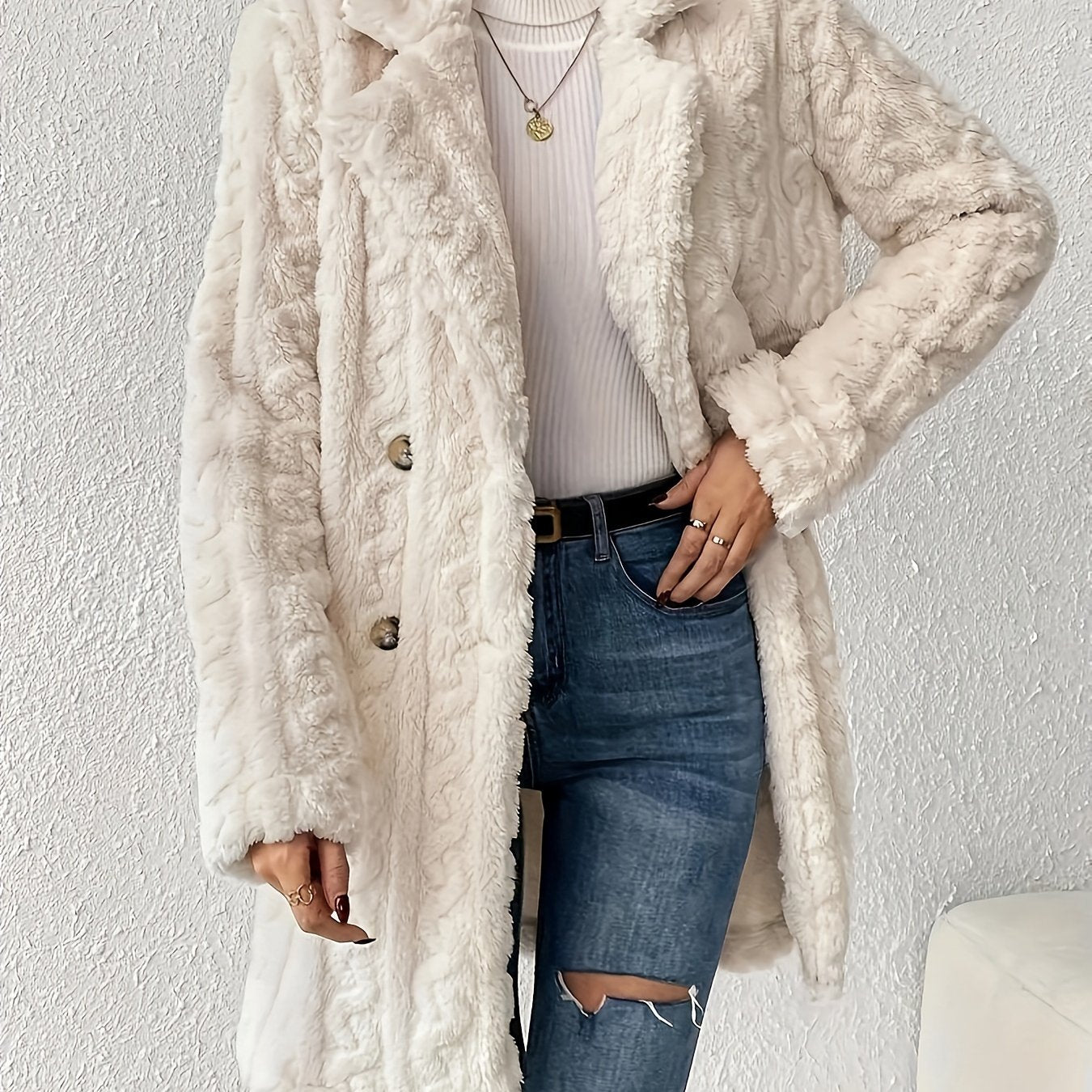 Women’s Double Breasted Lapel Jacket - Stylish, Soft, and Fluffy Milky