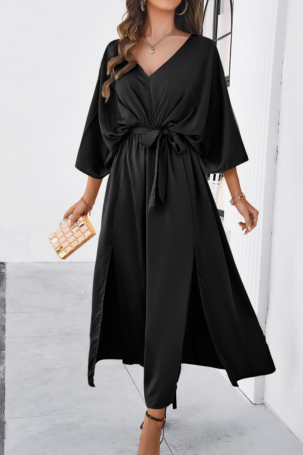 V-Neck Three-Quarter Sleeve Dress with Stylish Side Slit