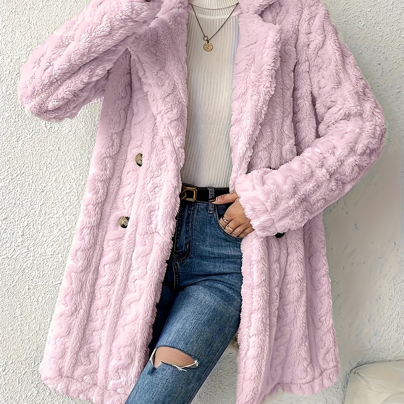 Women’s Double Breasted Lapel Jacket - Stylish, Soft, and Fluffy Pink Color