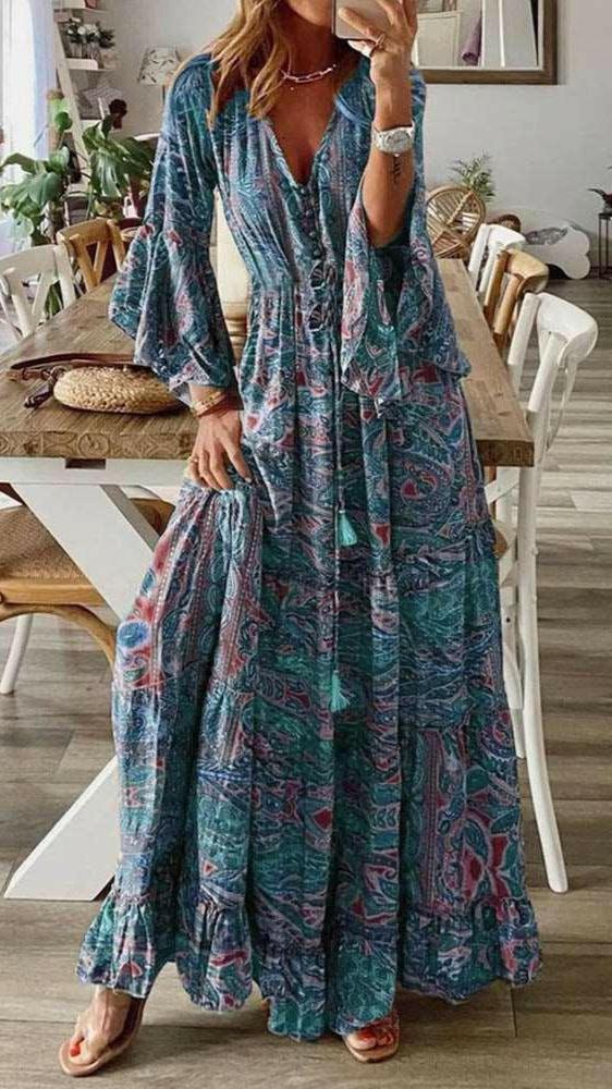 Women's Boho Floral Print Dress Blue