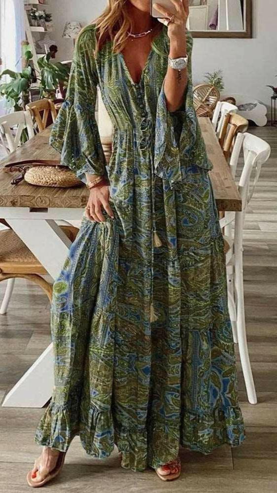 Women's Boho Floral Print Dress Green