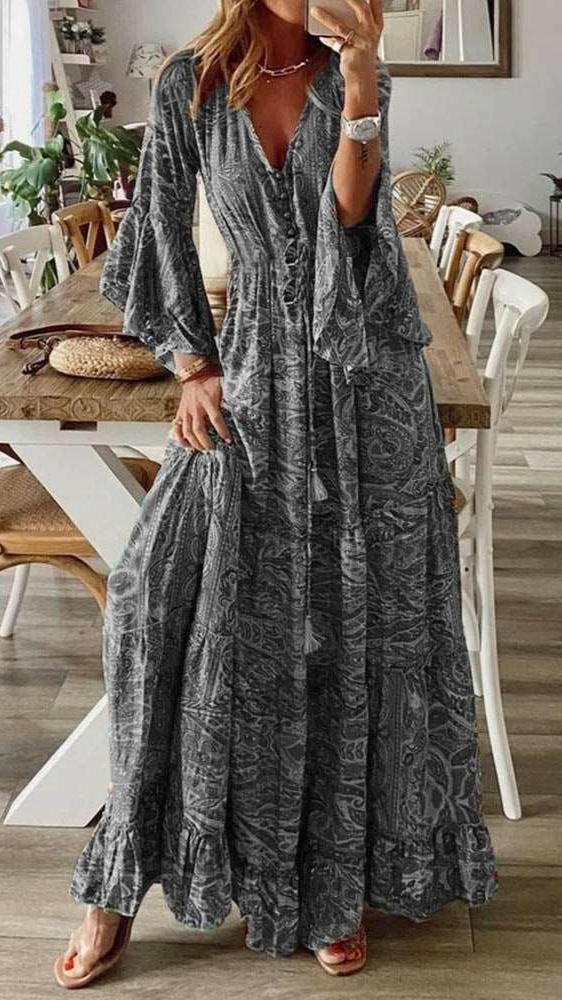 Women's Boho Floral Print Dress Grey