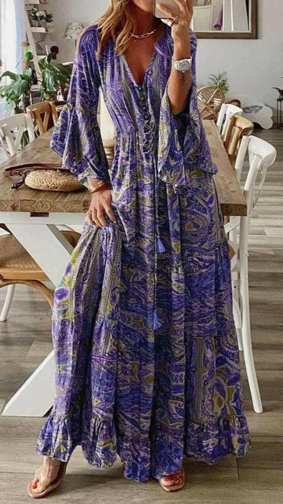 Women's Boho Floral Print Dress Purple