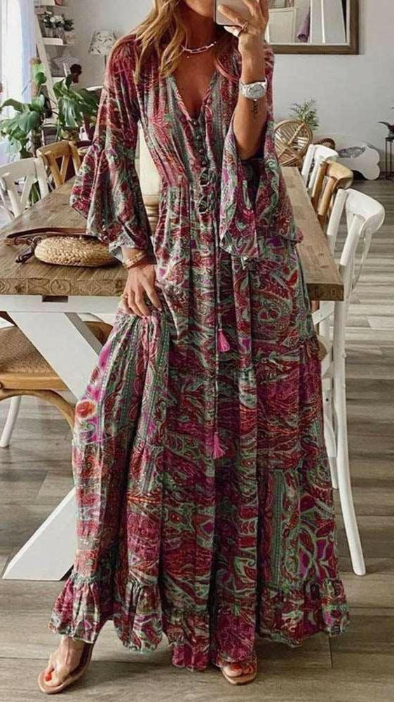 Women's Boho Floral Print Dress Red