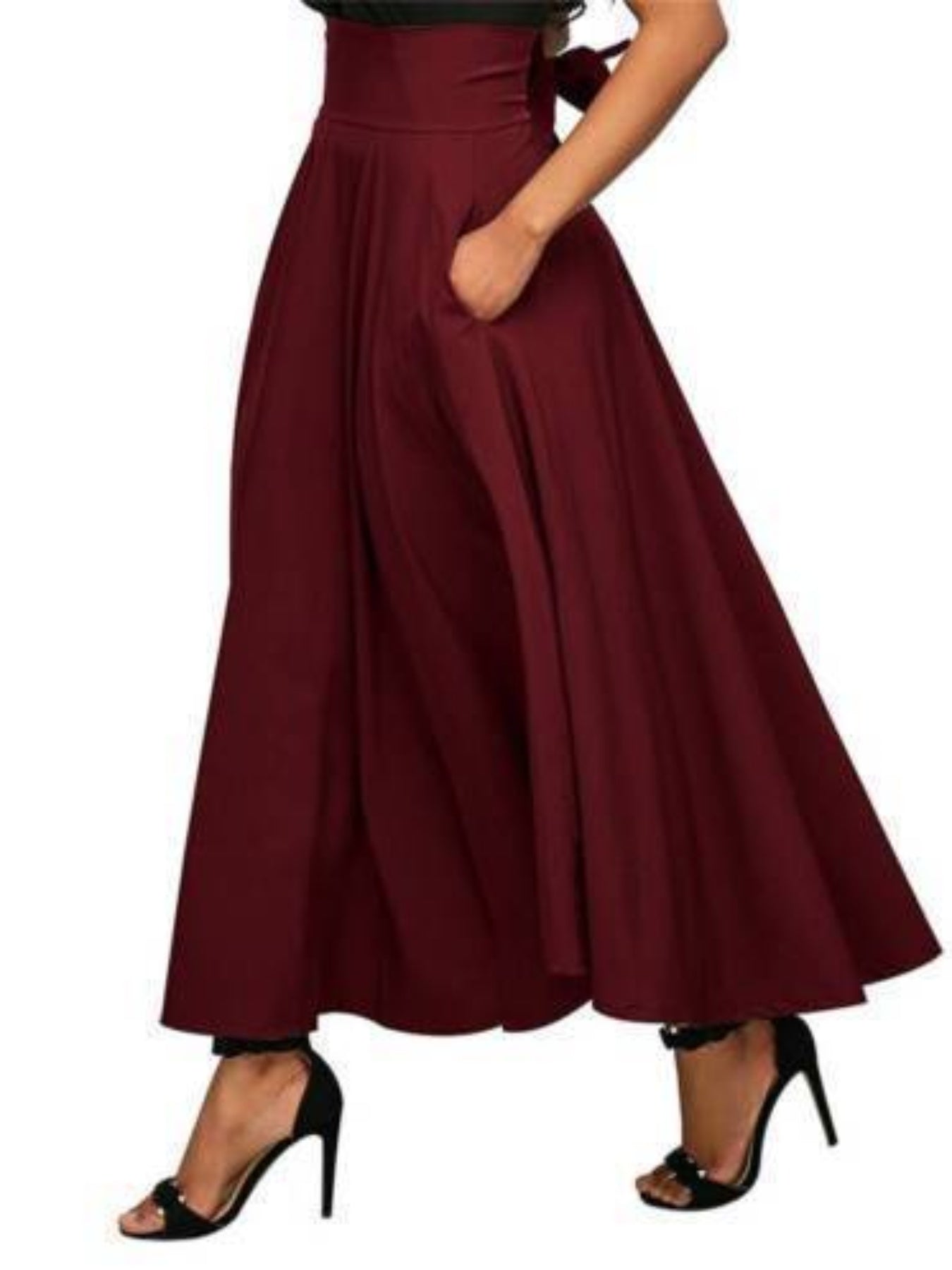 Women's High Waist Pleated Midi Skirt – A-Line, Belted & Flowy with Pockets