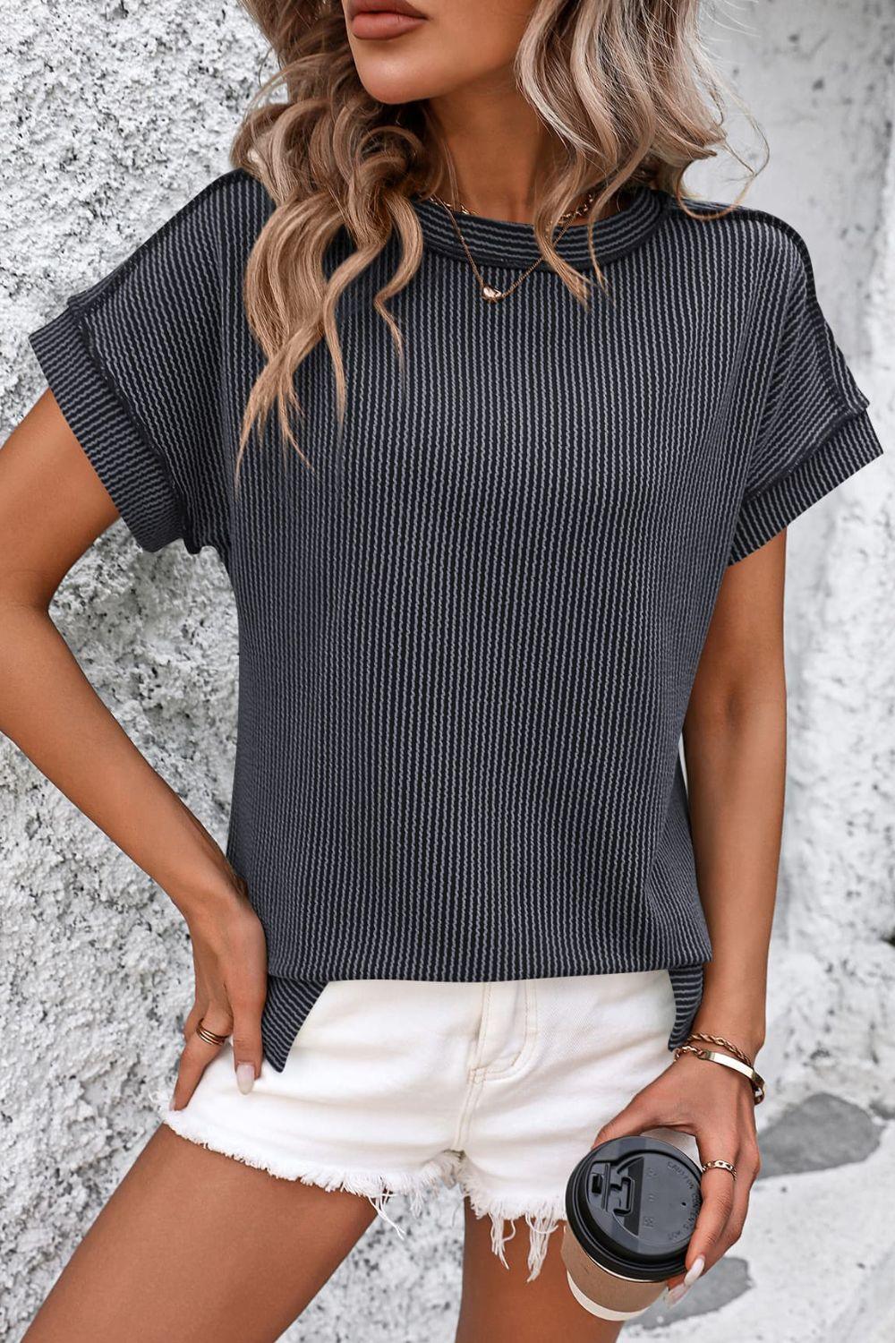 Classic Short Sleeve Striped Tee with Round Neckline - by The Nichole Collection