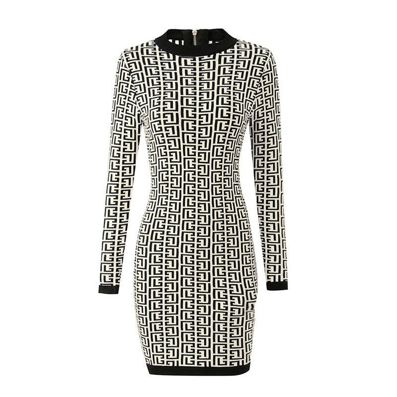 Geometric Pattern Cozy Cable Dress Black