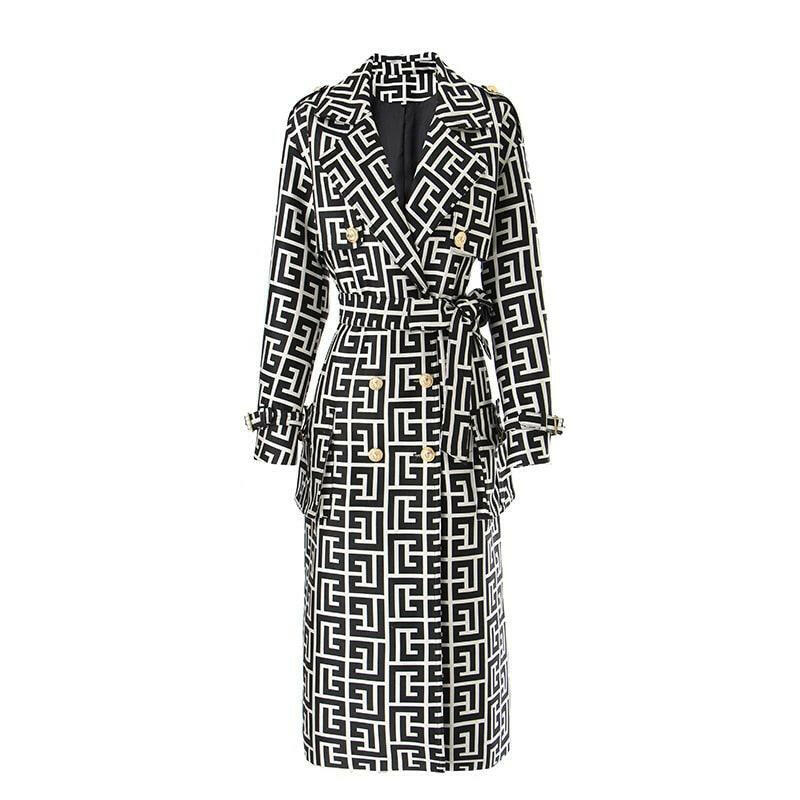 Geometric Pattern Long Trench Coat in Cotton Blend Black