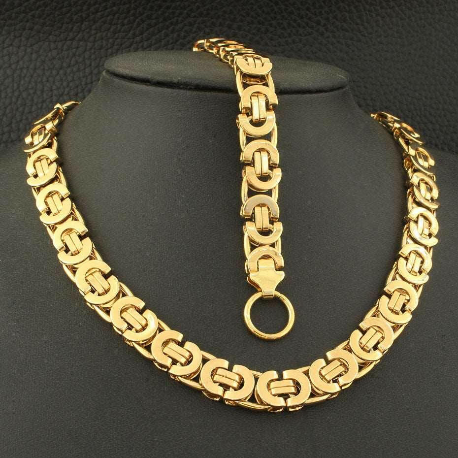 Gold Color Necklace and Bracelet Set - 316L Stainless Steel Gold Color w Bracelet Width-11mm 45cm