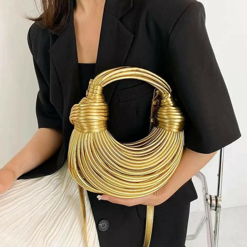 Gold Handwoven Noodle Bag - Stylish PU & Polyester Tote - Clearance