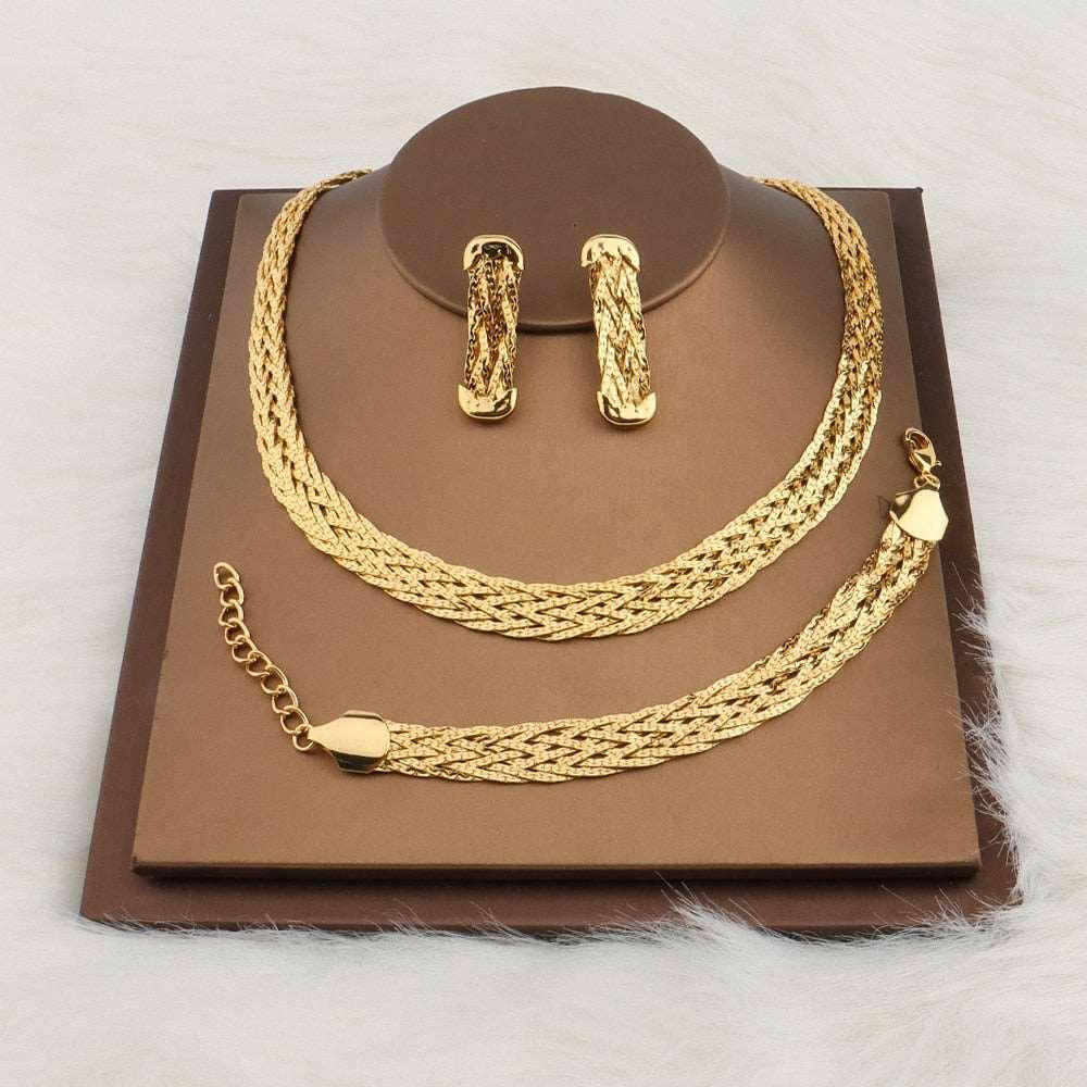 Gold Tres 18K Jewelry Set - Necklace, Bracelet, Earrings Gold Color