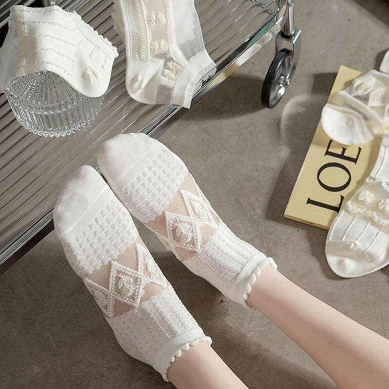 Stylish Women's White Lace Socks with Gold Color Accents (5 Pairs) - by The Nichole Collection