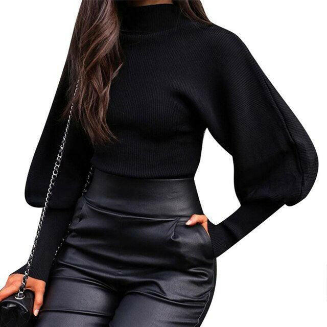 French Style Cozy Puff Sleeve Fall Knit Sweater Black