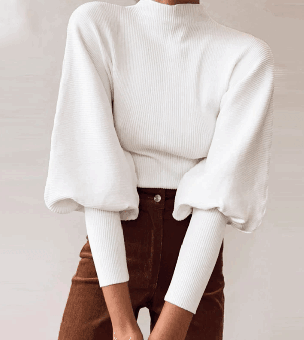 French Style Cozy Puff Sleeve Fall Knit Sweater White