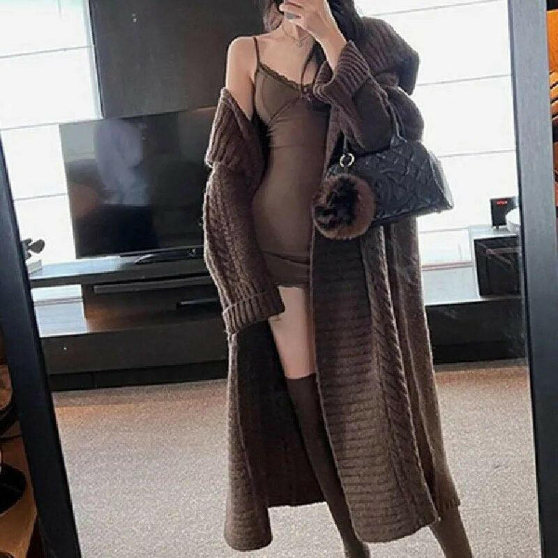 Knitted Long Cardigan Lapel Sweater Coat Brown One Size