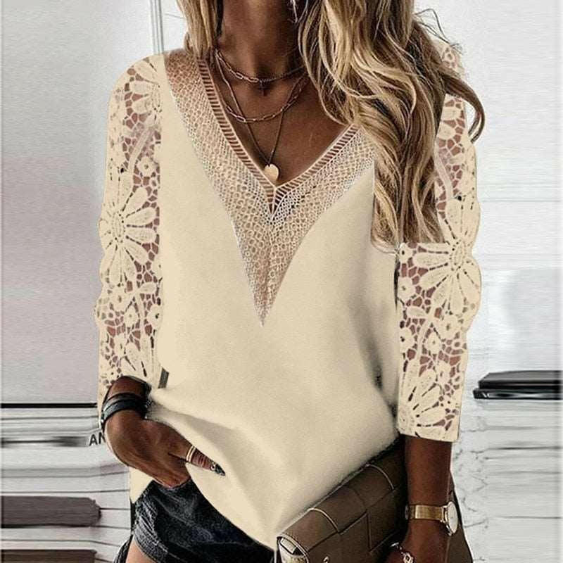 Lace-Detailed V-Neck Long Sleeve Blouse