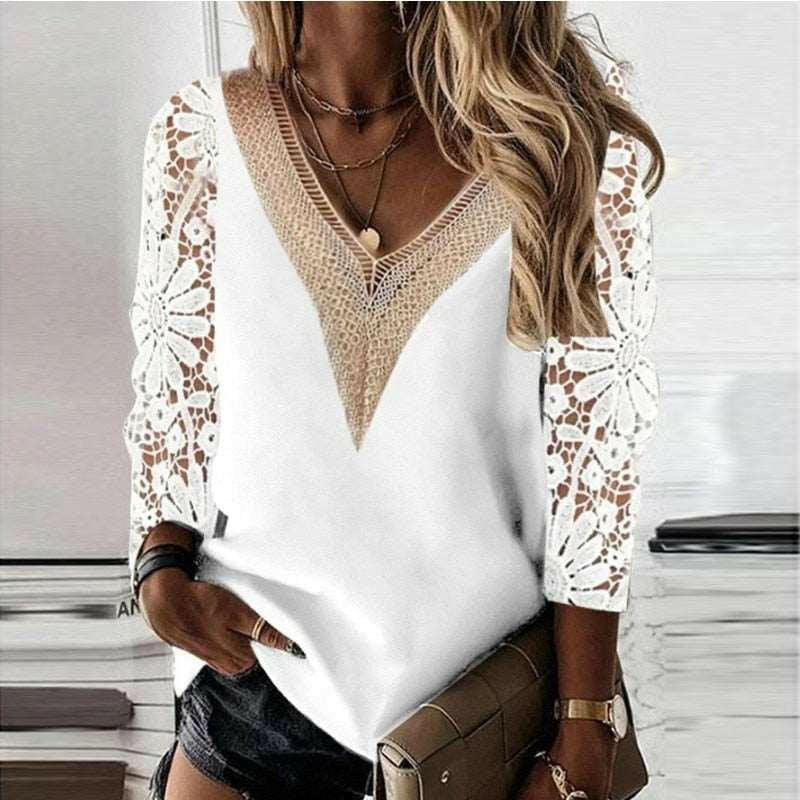 Lace-Detailed V-Neck Long Sleeve Blouse - Tops by The Nichole Collection