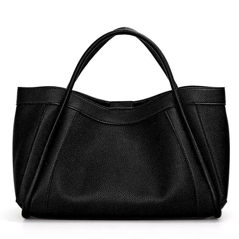 Leather Fashion Tote with Zipper Closure Black