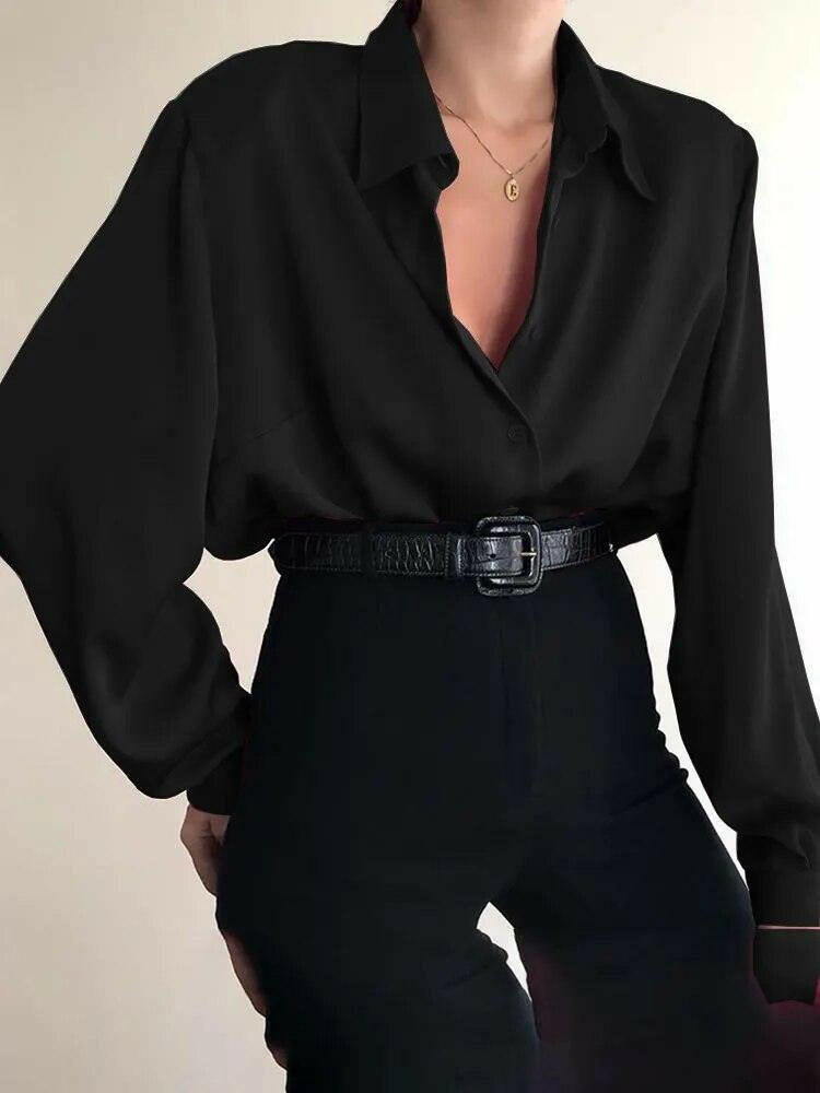 Long-Sleeve Chiffon Collar Shirt Black