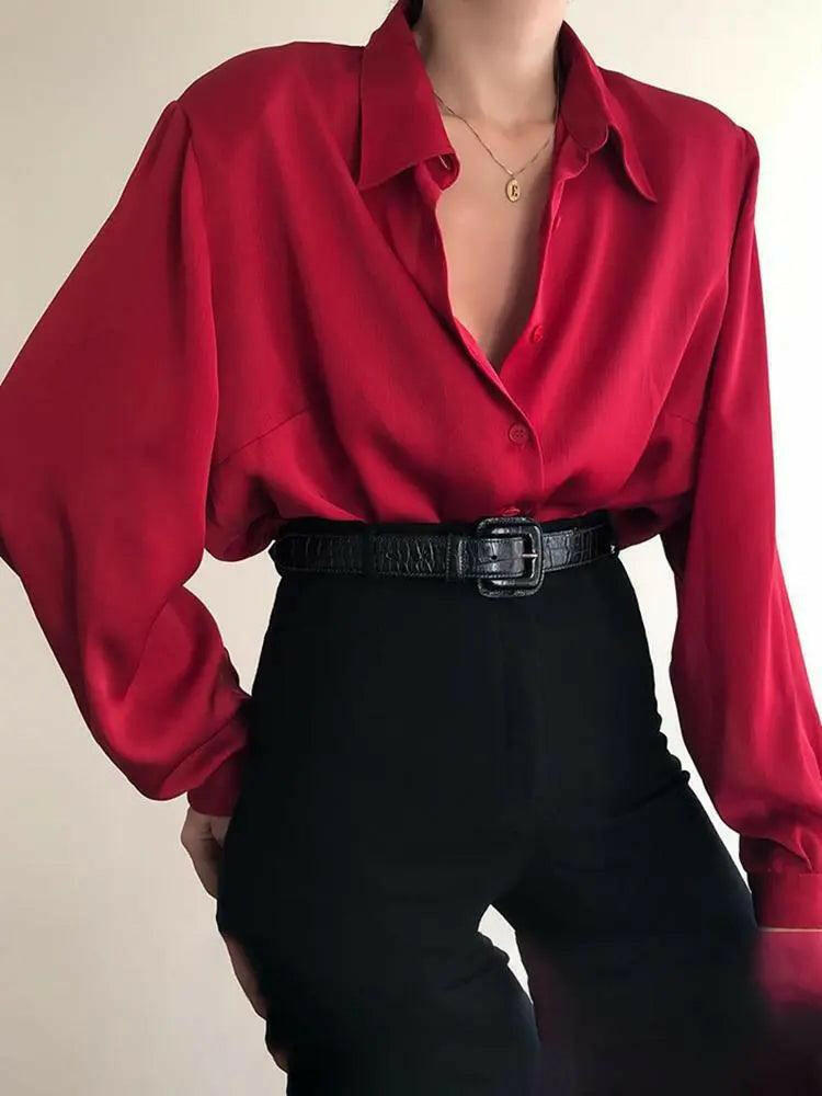 Long-Sleeve Chiffon Collar Shirt Red