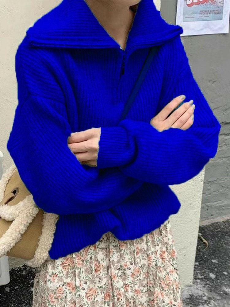 Lovely Winter Sweater with High Collar and Zippers Blue