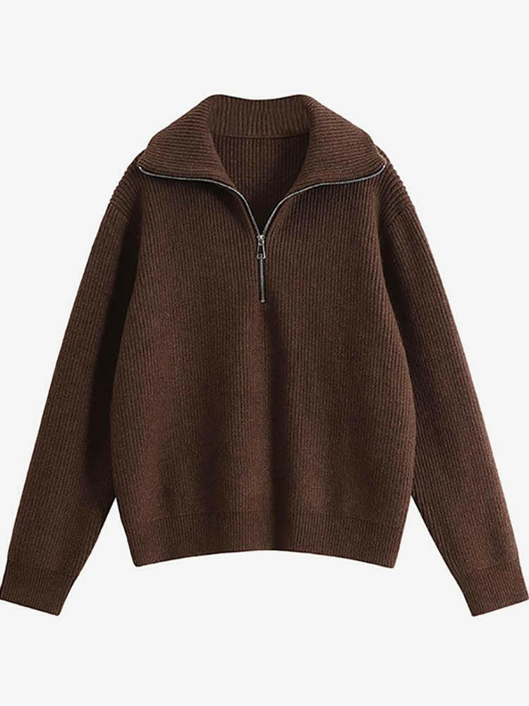 Lovely Winter Sweater with High Collar and Zippers Dark Brown