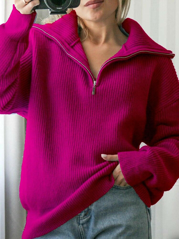 Lovely Winter Sweater with High Collar and Zippers Fuchsia