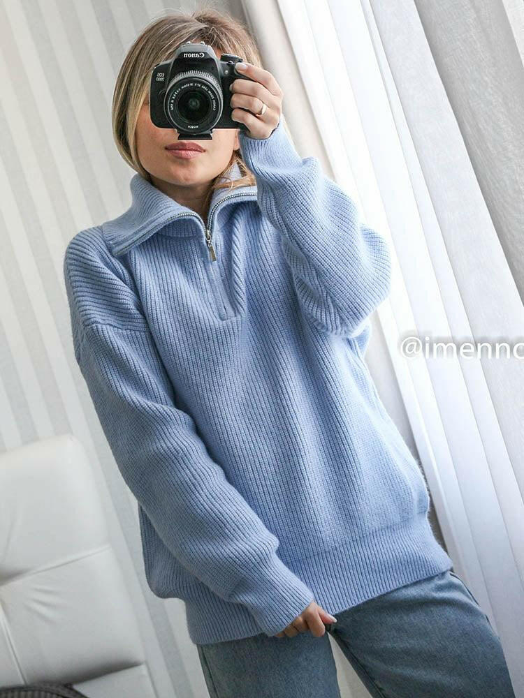 Lovely Winter Sweater with High Collar and Zippers Sky Blue