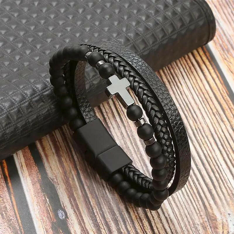 Luxury Hand-Woven Men’s Leather Bracelet Black1