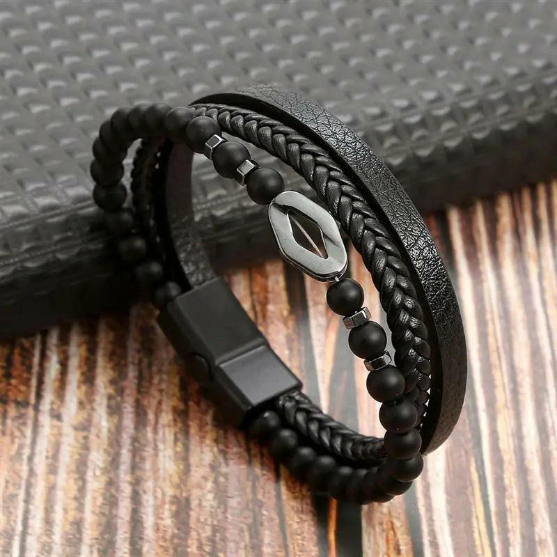 Luxury Hand-Woven Men’s Leather Bracelet Black3