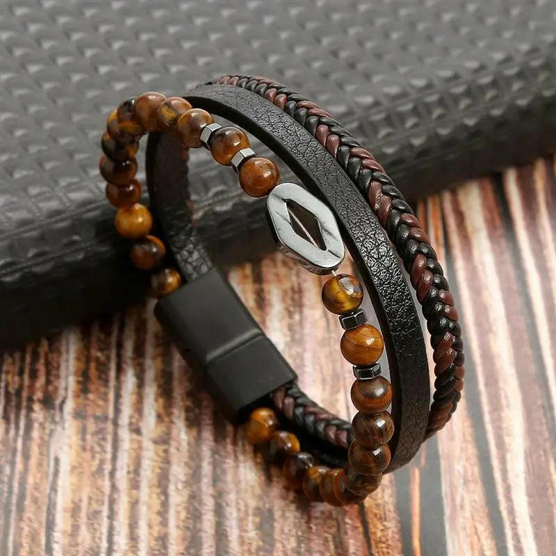 Luxury Hand-Woven Men’s Leather Bracelet Coffee3