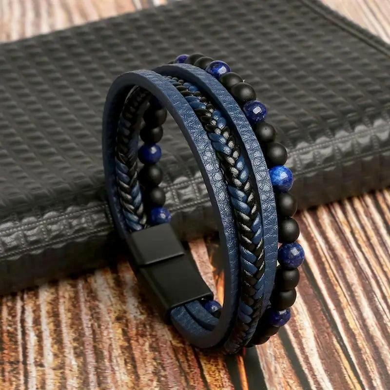 Luxury Hand-Woven Men’s Leather Bracelet Dark Blue