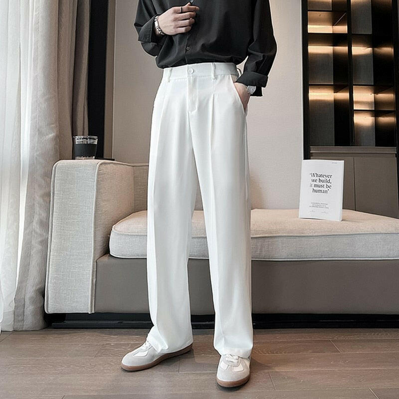 Men’s High Waist Casual Wide-Leg Trousers for Ultimate Comfort White