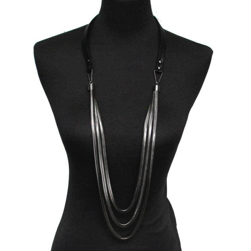 Multi-Layer Leather Snake Chain Necklace Black