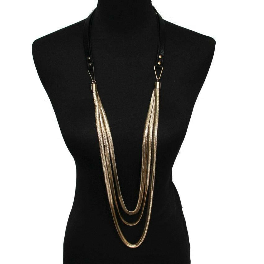 Multi-Layer Leather Snake Chain Necklace Gold