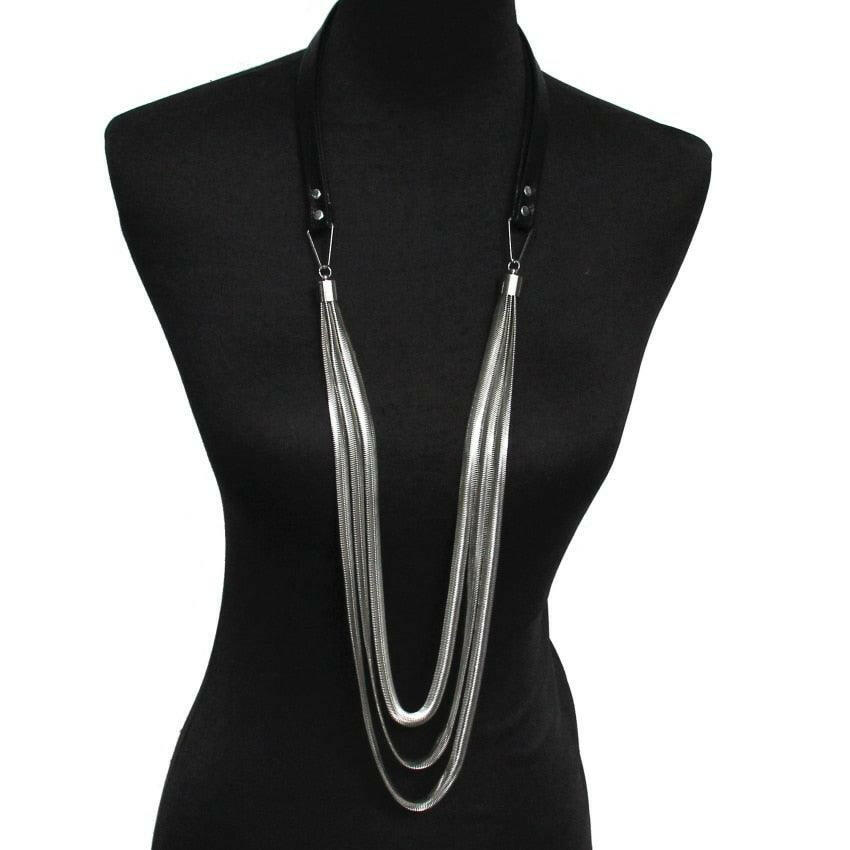 Multi-Layer Leather Snake Chain Necklace Silver