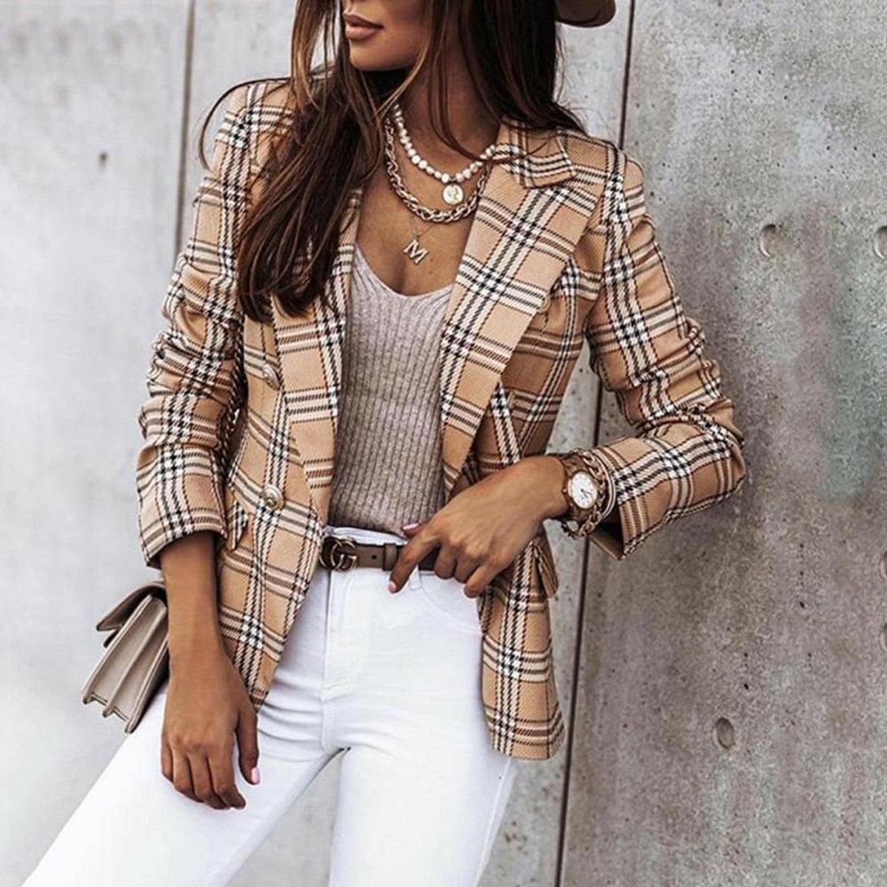 Plaid Blazer Jacket with Double Breasted Closure Khaki-Plaid-2 M