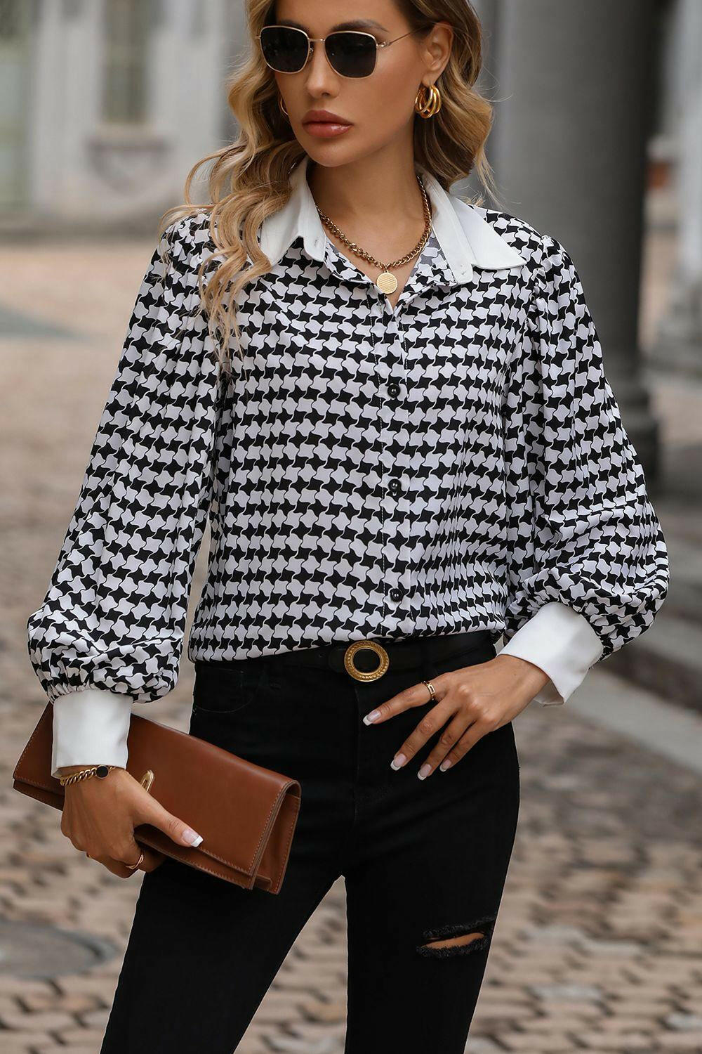 Printed Lantern Sleeve Collared Shirt - Clearance Black