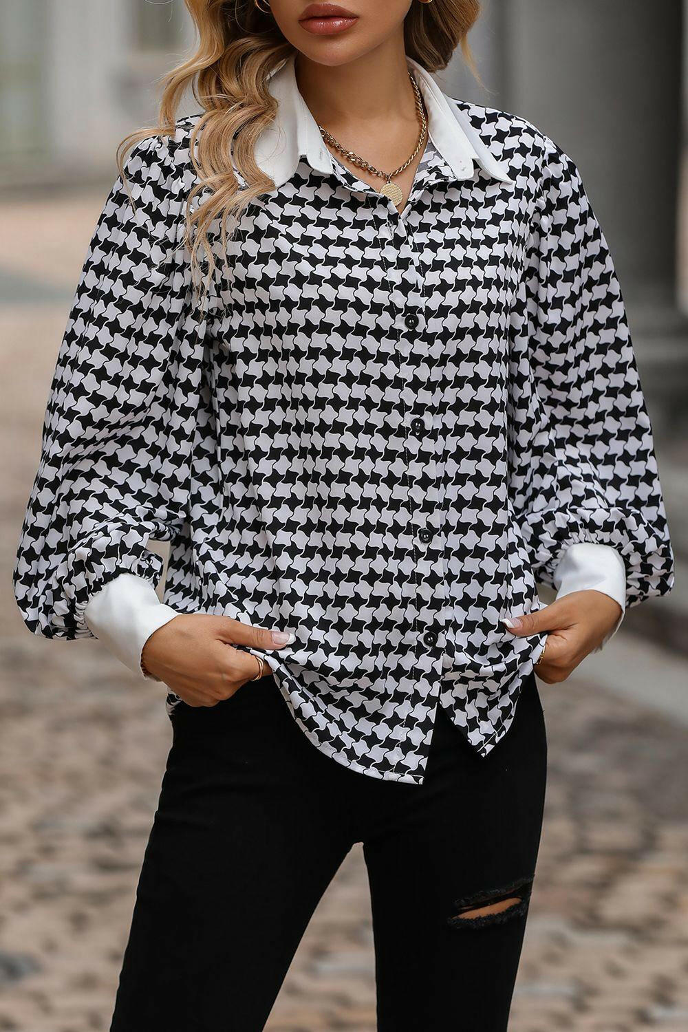 Printed Lantern Sleeve Collared Shirt - Clearance - Tops by The Nichole Collection