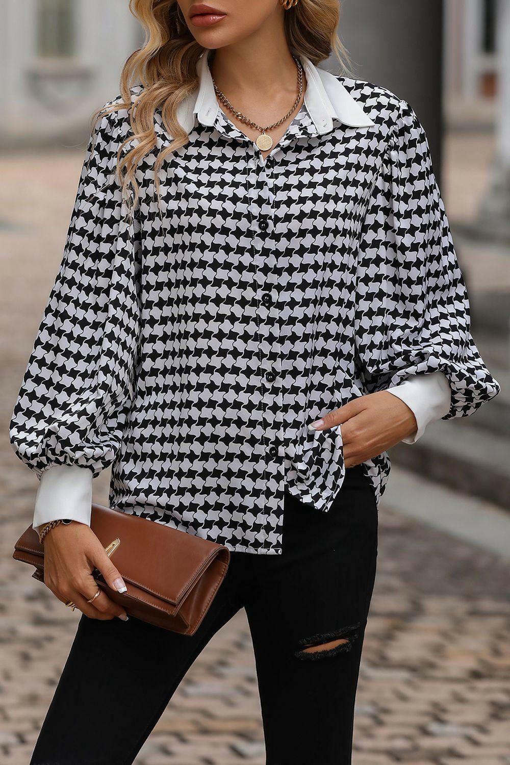 Printed Lantern Sleeve Collared Shirt - Clearance - Tops by The Nichole Collection