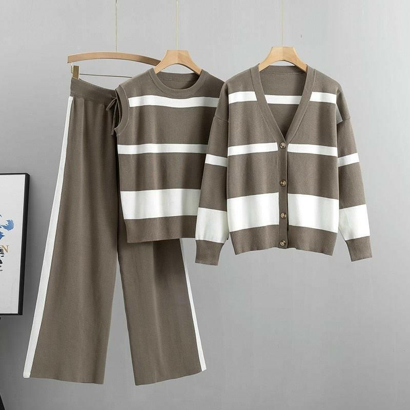 Striped 3-Piece Sweater Set Featuring Jacket & Pants