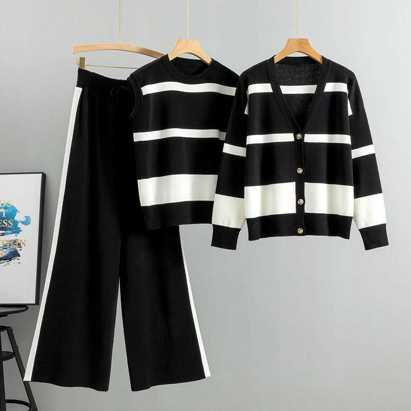 Striped 3-Piece Sweater Set Featuring Jacket & Pants Black One Size