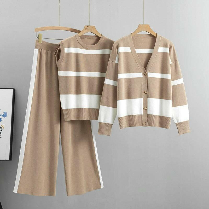 Striped 3-Piece Sweater Set Featuring Jacket & Pants Khaki One Size