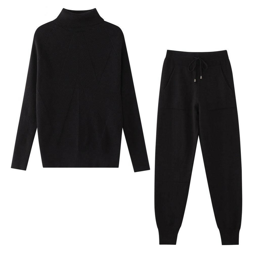 Striped Turtleneck Sweater and Trousers Suit Black One Size