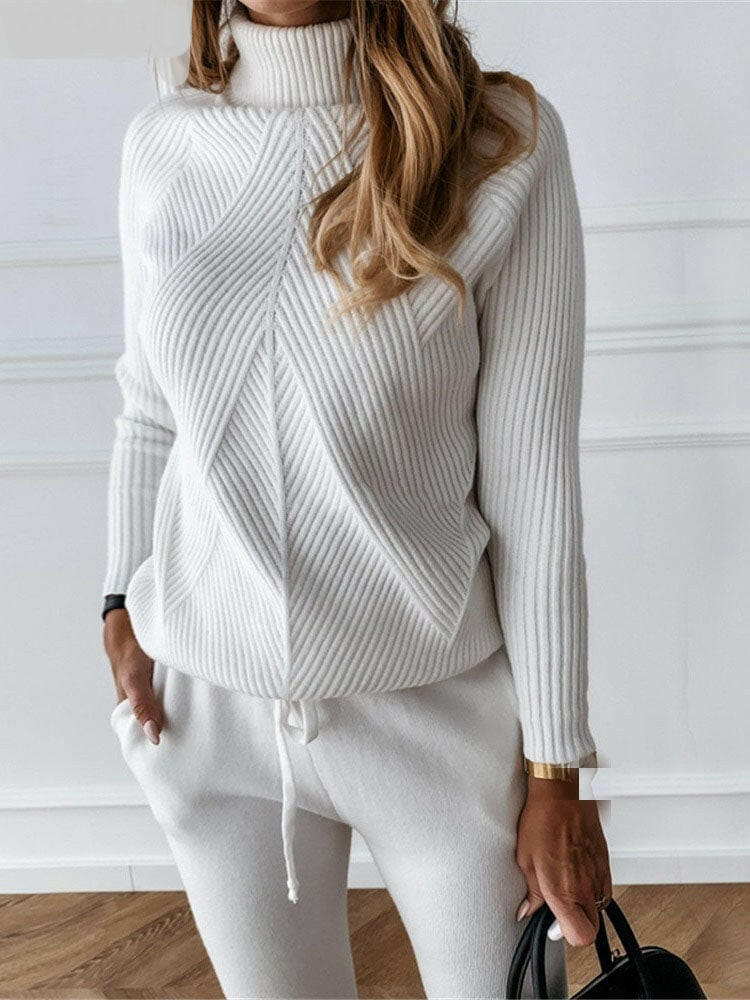 Striped Turtleneck Sweater and Trousers Suit White One Size