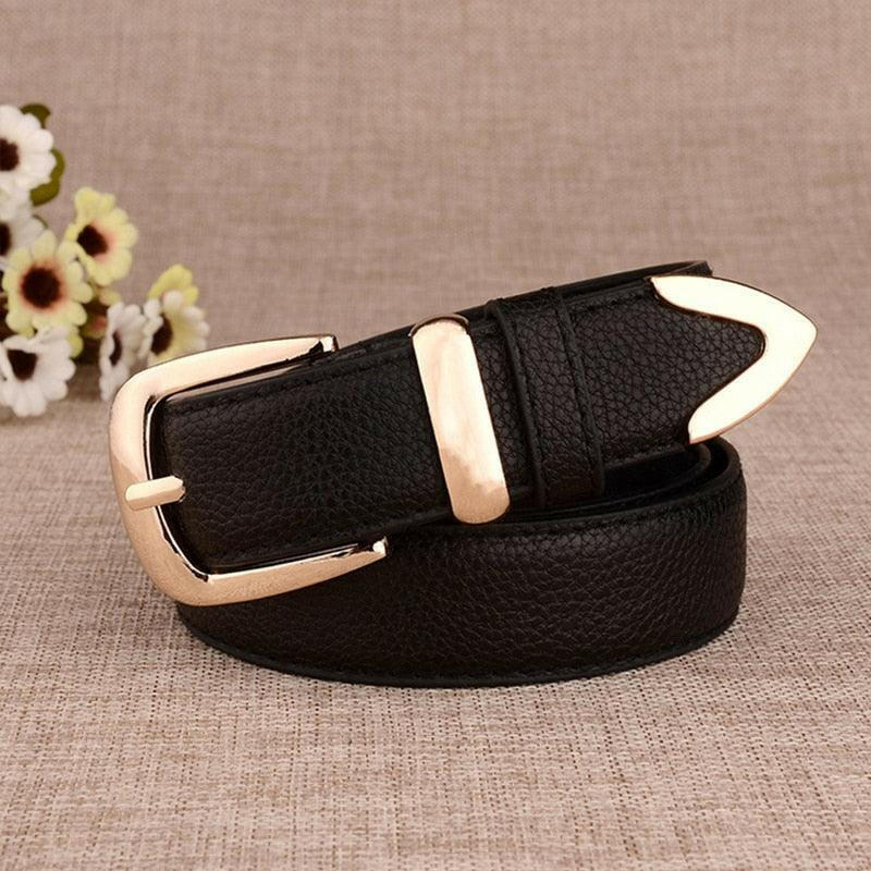 Stylish Genuine Leather Belt with Gold Buckle Black 105CM