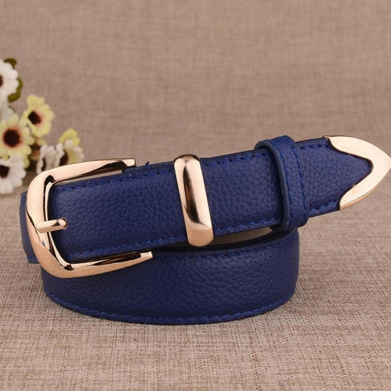 Stylish Genuine Leather Belt with Gold Buckle Blue 105CM