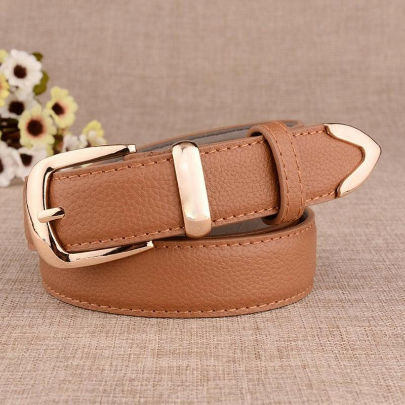 Stylish Genuine Leather Belt with Gold Buckle Camel 105CM